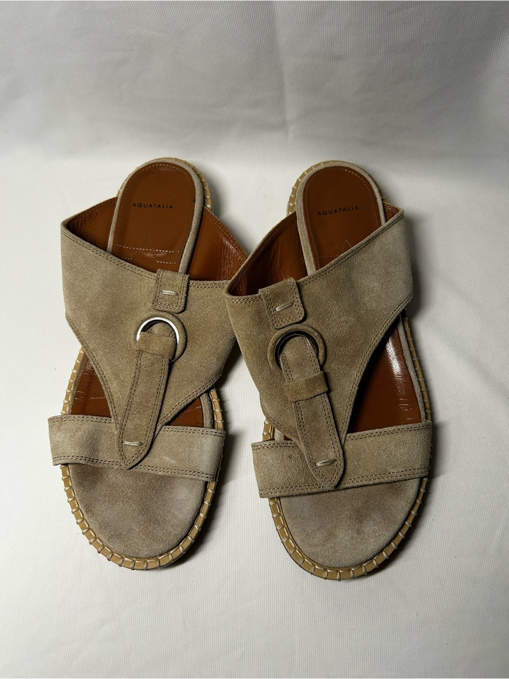 Aquatalia Taupe Suede Ring-Accent Slide Sandals